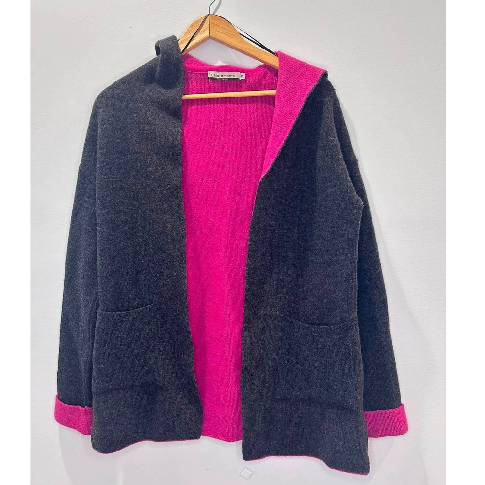 Chiaramente Hooded Cardigan Womens XS Grey Pink Wool Blend Made in Italy